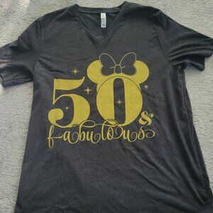 50th Birthday Minnie Mouse Dark Heather Gray and Gold V-Neck T-Shirt-Size Large